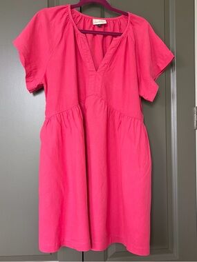 Bright Pink Short Sleeve V-Neck Swing Dress